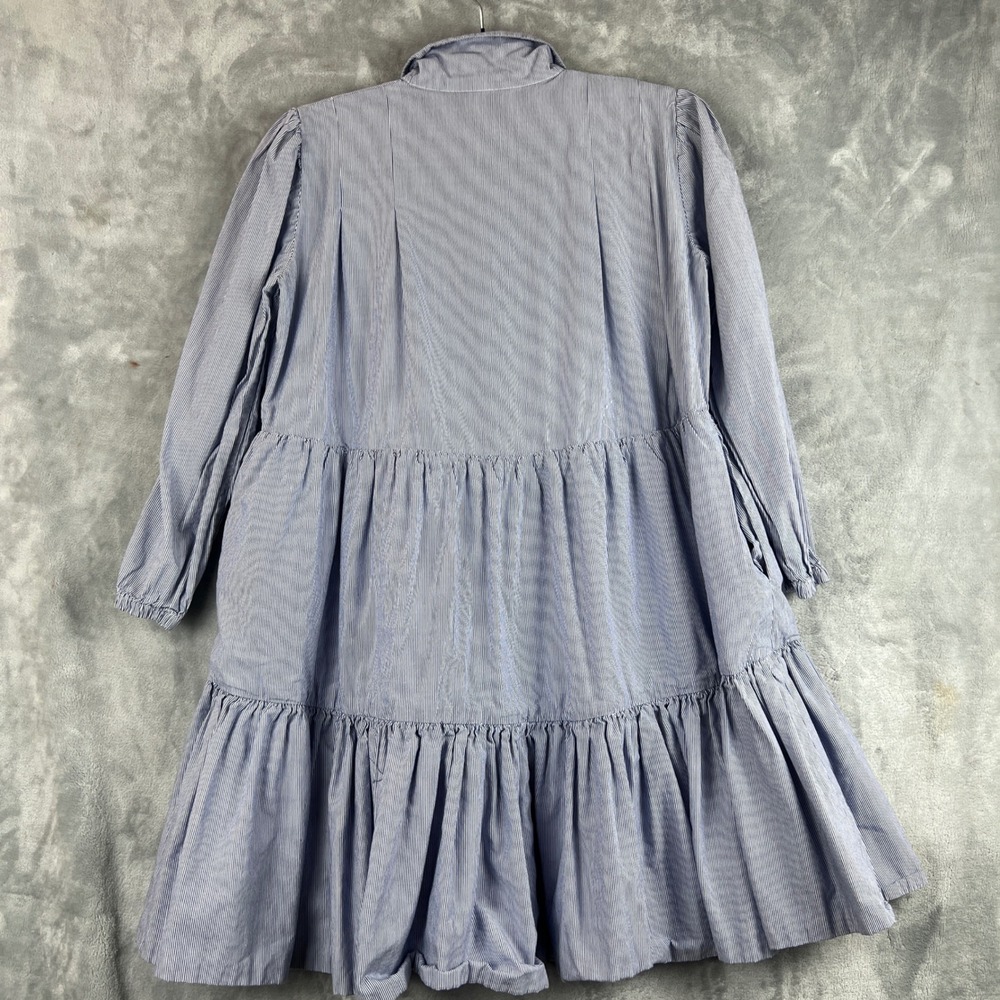BURU Dress  Blue White Pinstripe Tiered Mini Long Sleeve Collared Button Front - Picture 10 of 11